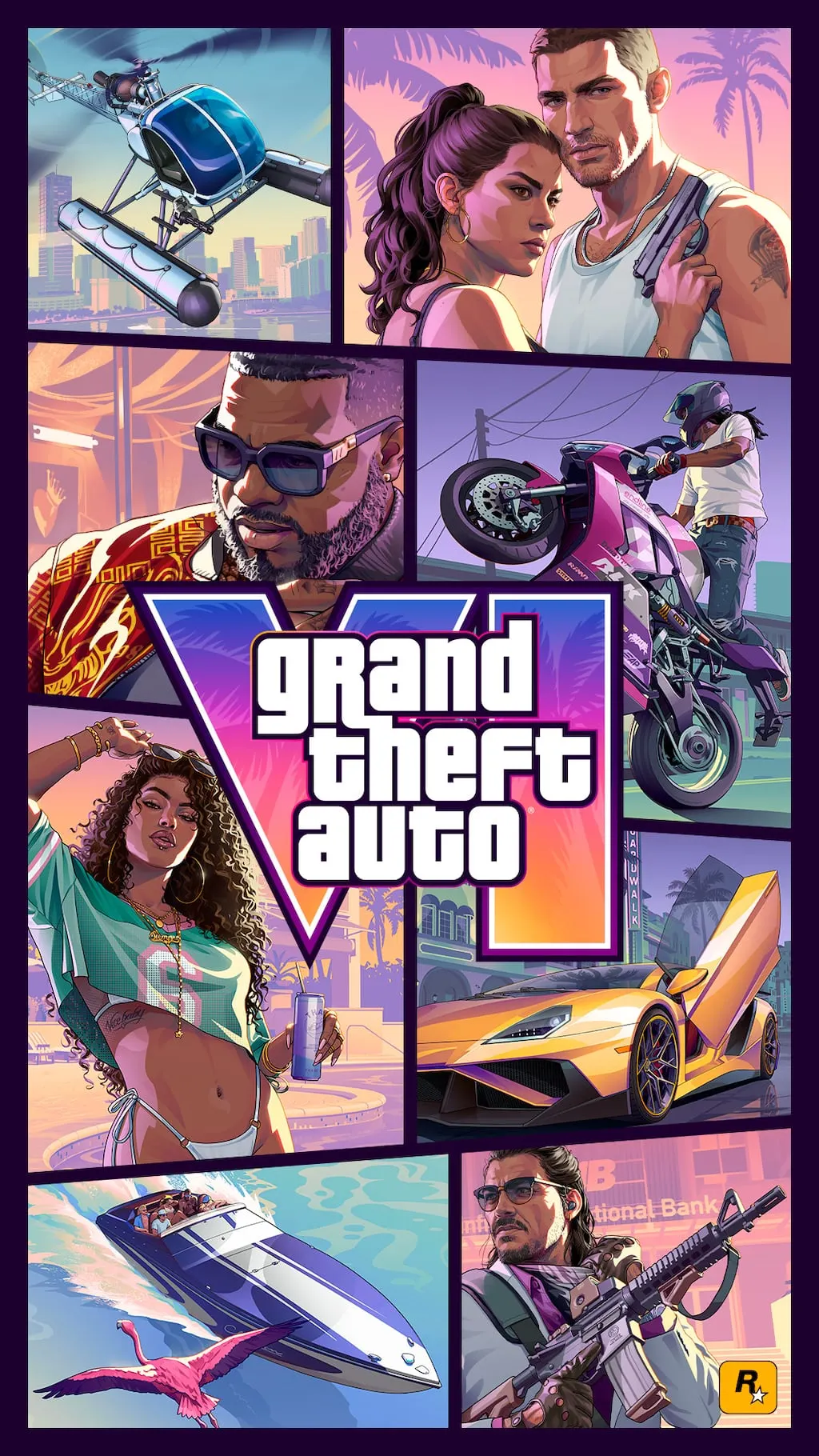 Official Grand Theft Auto VI cover art collage of Vice City, Lucia, and Jason