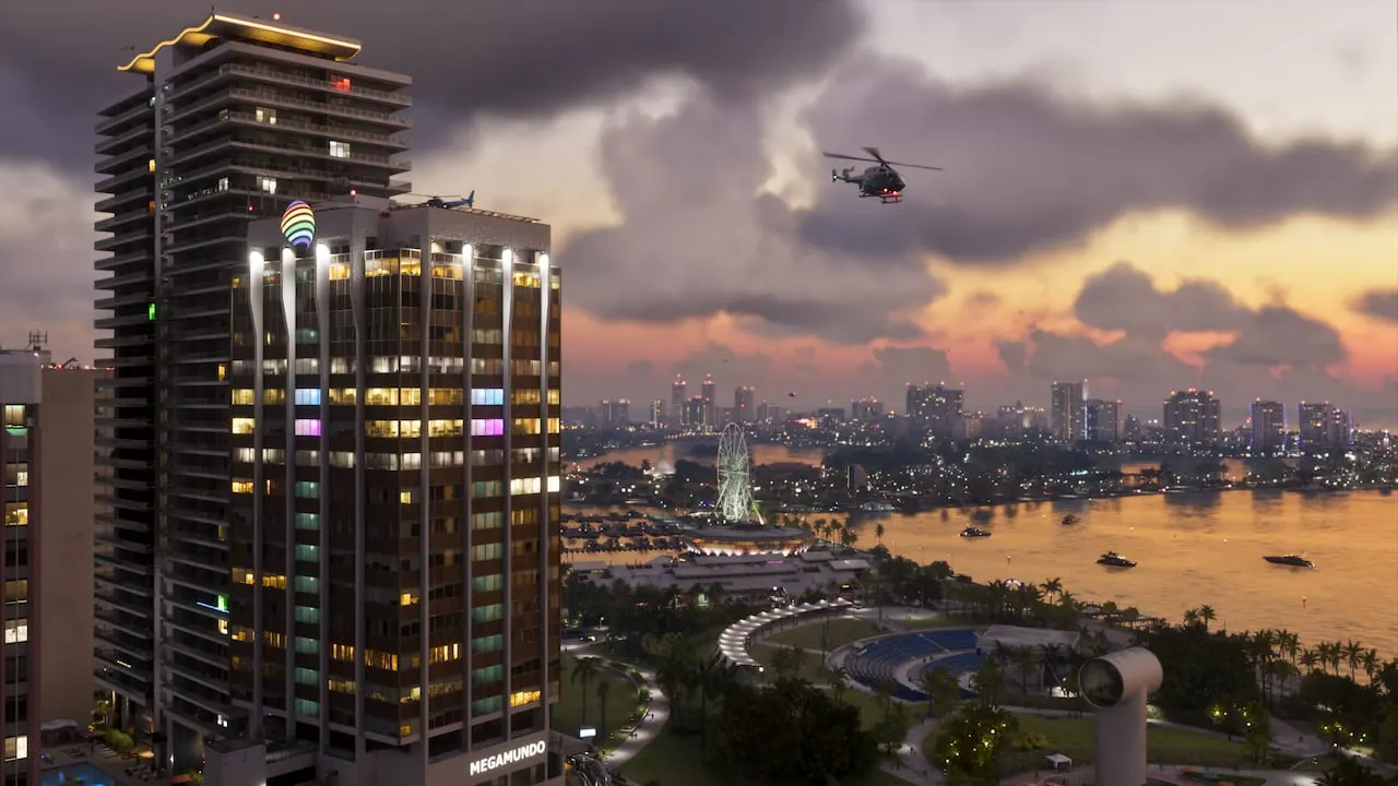 Vice City skyline and waterfront at dusk